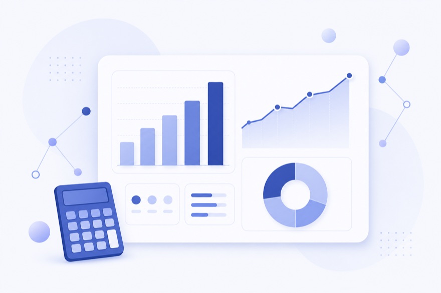 Analytics dashboard with bar chart, line graph, donut chart and calculator