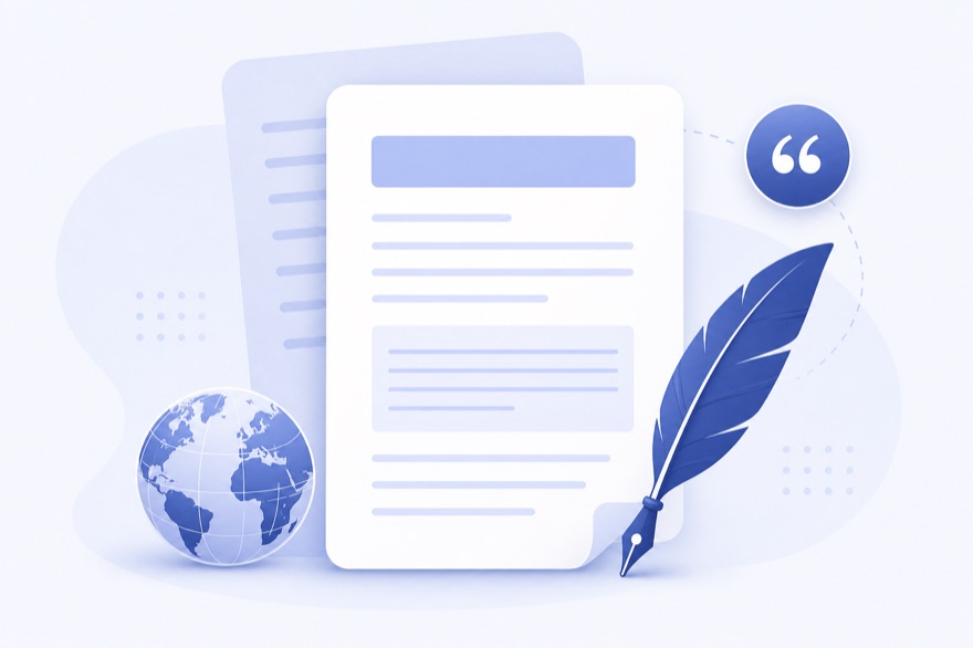 Research manuscript pages with a quill pen, globe and citation mark