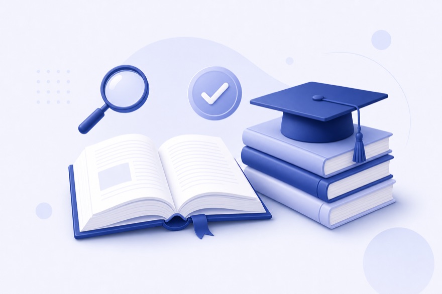Open book with a graduation cap on stacked thesis volumes
